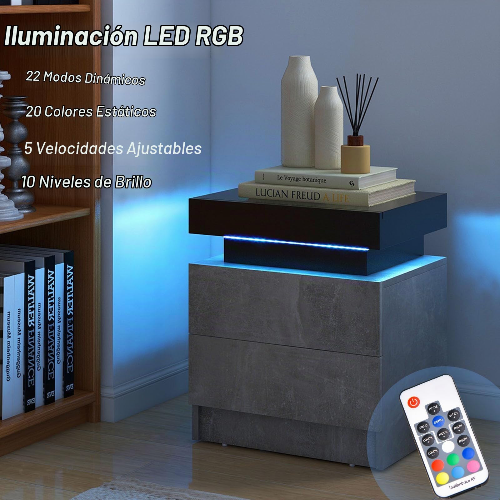 LIFEZEAL Mesilla de Noche LED con 2 cajones y 20 Colores