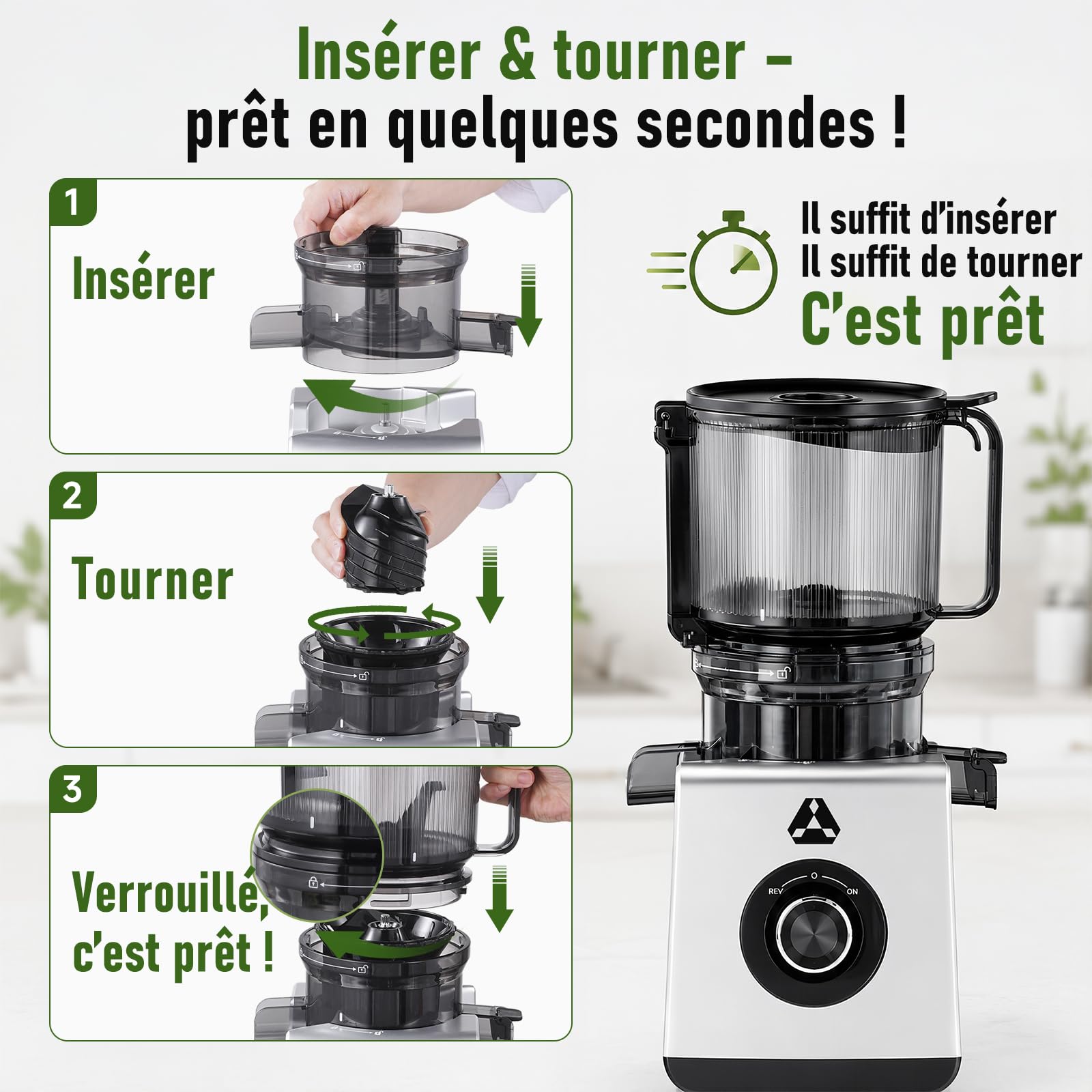 AAOBOSI Extracteur de Jus à Froid 2,5L, Goulotte Extra-Large de 165 mm | pour Fruits et Légumes Entiers, Filtre 3-en-1 (Jus, Sorbets et Boissons Végétales), Rendement Élevé en Jus, Facile à Nettoyer