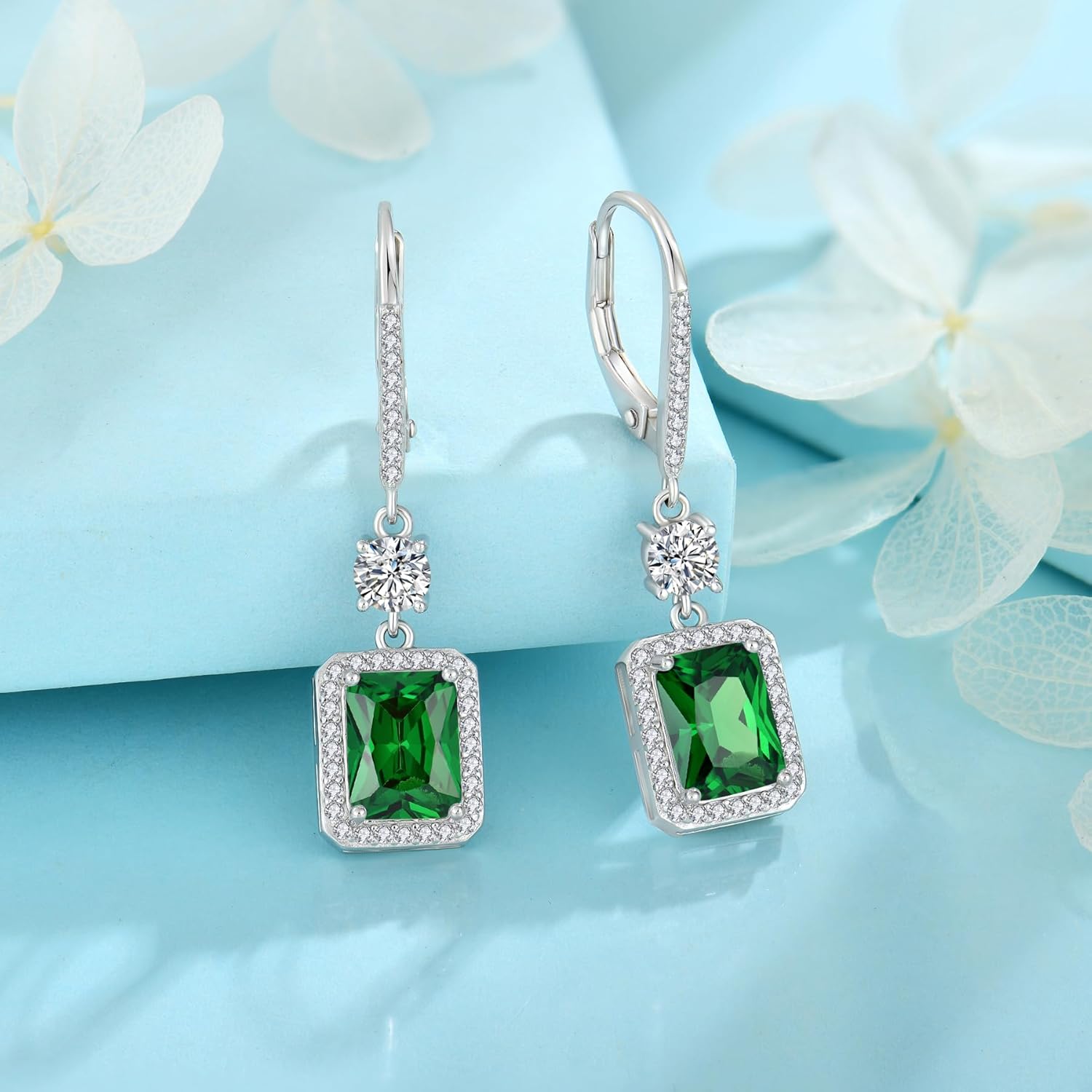 FJ Princess Cut Dangle Drop Earrings 925 Sterling Silver Square Halo Leverback Earrings Birthstone Jewelry for Women