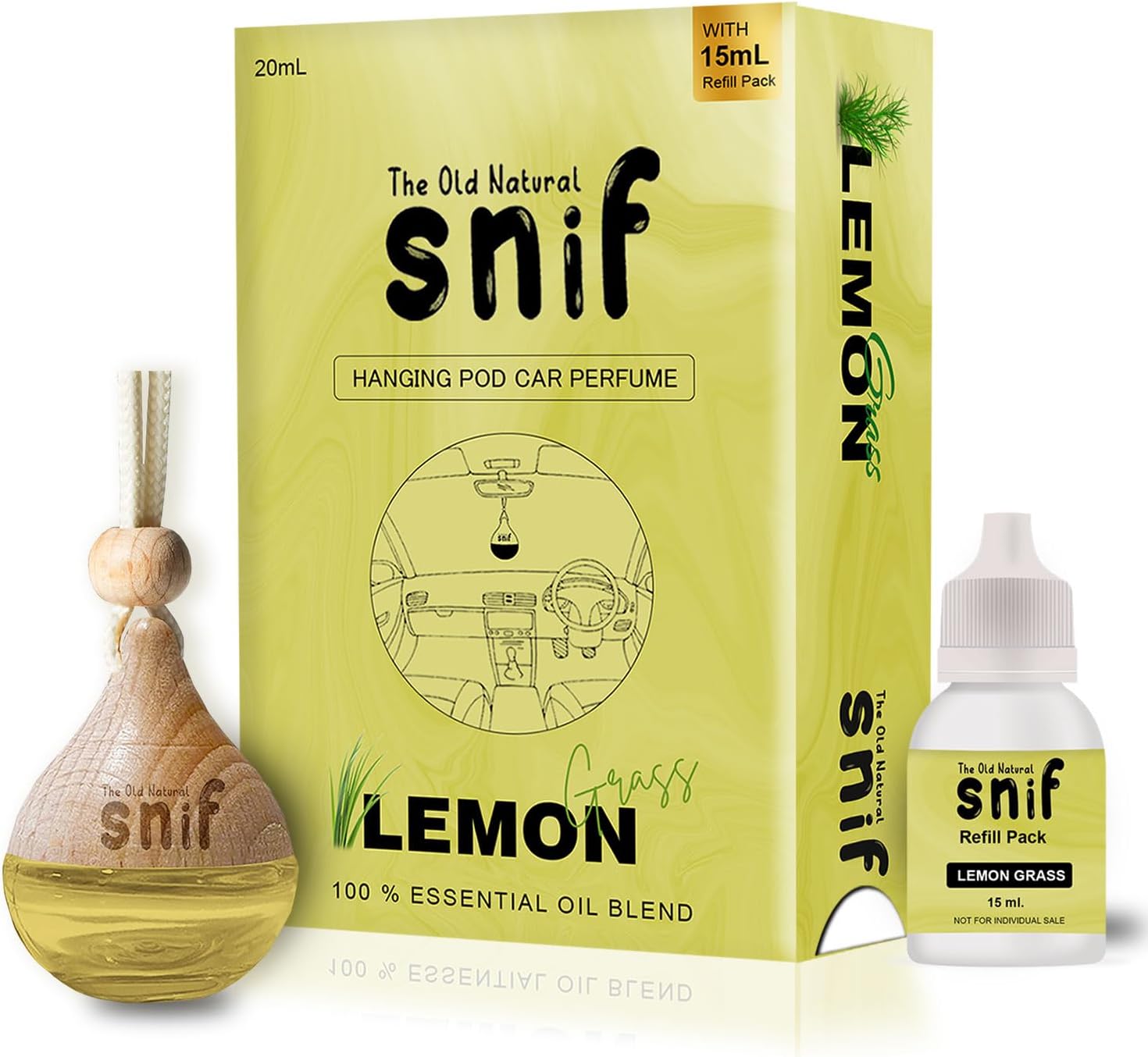 Snif Car Perfume With Essential Oils | Car Perfumes Diffuser With 15ml Refill Pack | Car Fresheners Long Lasting | Car Air Freshener (Pack Of 1, 20ml) (Lemon Grass)