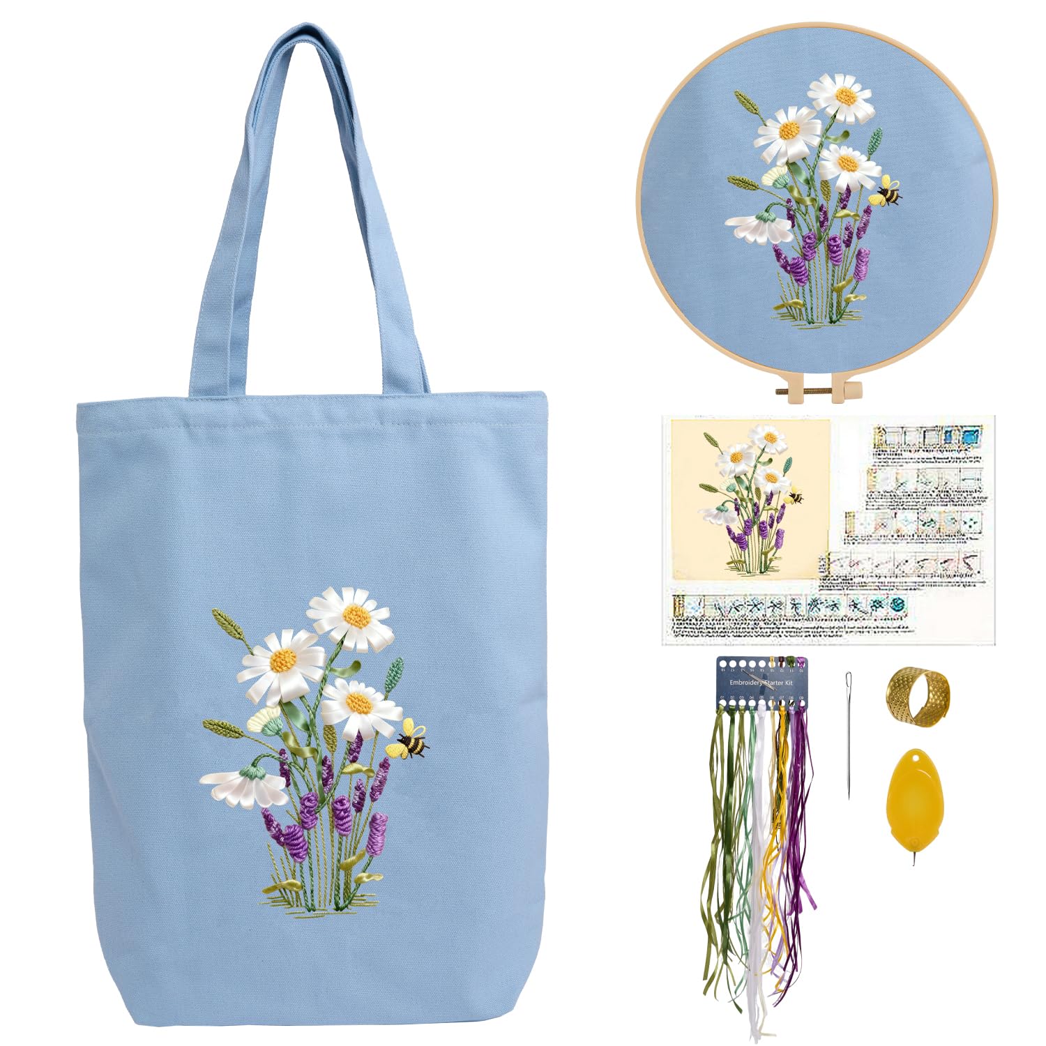 CREAWONDER Hand Embroidery Kits for Bag, Embroidery Kit Bag with Pattern for Beginners, Arts and DIY Embroidery Crafts Kits for Adults, Include Instructions, Embroidery Hoops, Color Threads and Tool