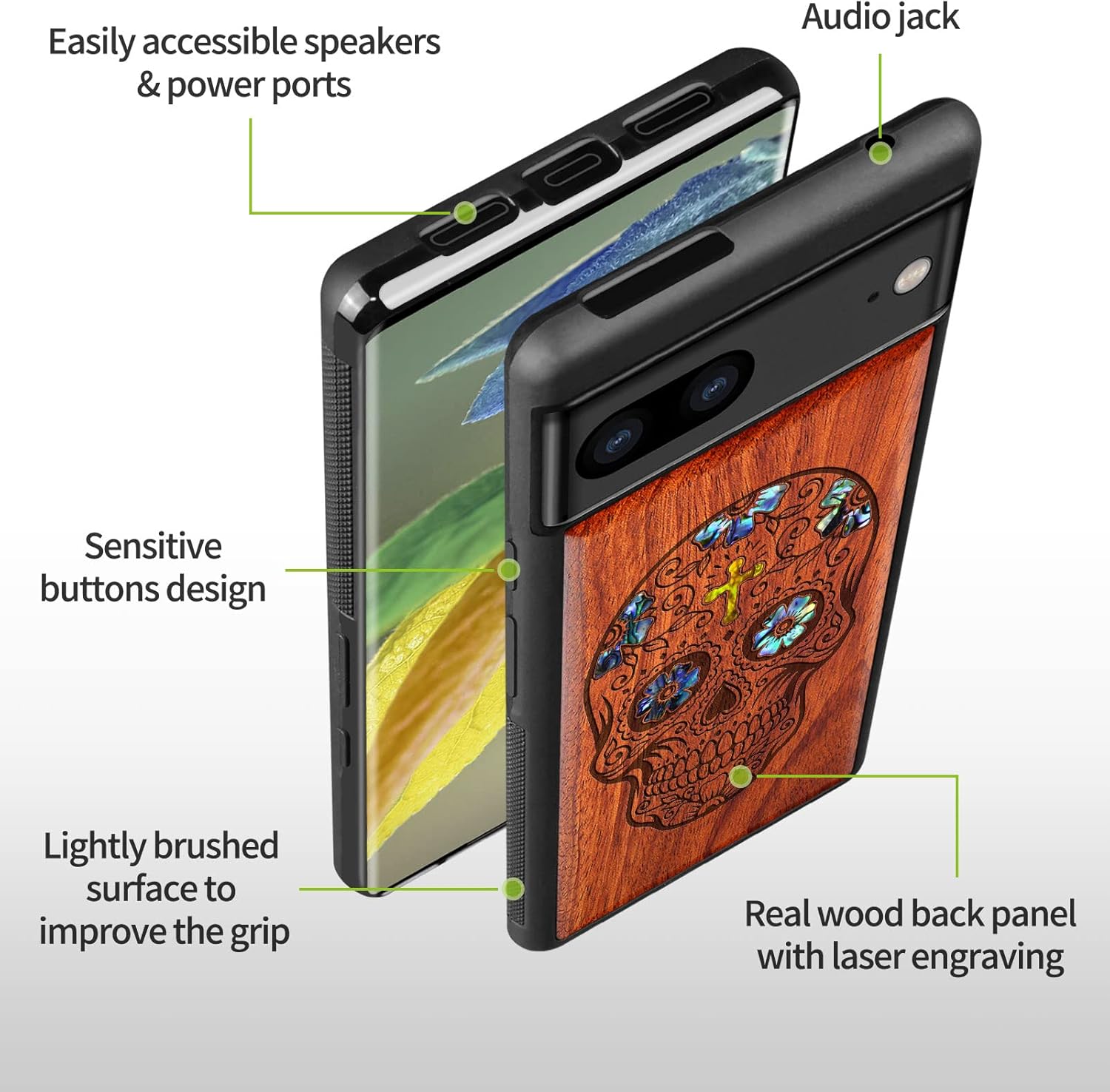 Carveit Designer Wooden Case for Google Pixel 7 Case Protective Cover [Wood Engraving & Shell Inlay] Compatible with Wireless Chargers Pixel 7 (Sugar Skull-Rosy)