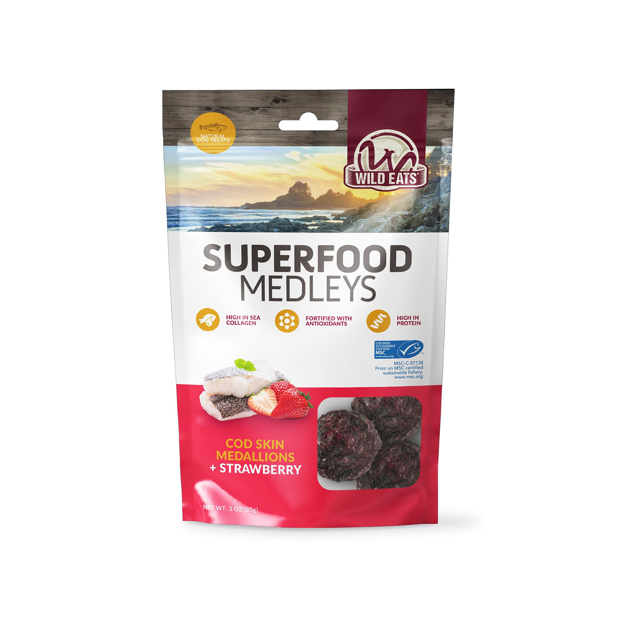Wild Eats Fish Skin Dog Treats Cod Superfood Medallions 3oz - Strawberry & Cod Limited Ingredient