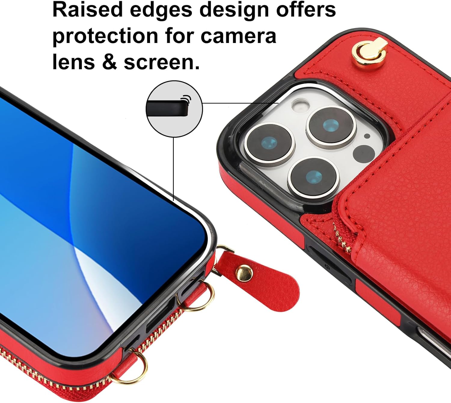 Bocasal Crossbody Wallet Case for iPhone 16 Pro, RFID Blocking Leather Purse Case with Card Holder, Protective Handbag Flip Cover with Zipper Wrist Strap Lanyard for Women 5G 6.3 Inch (Red)