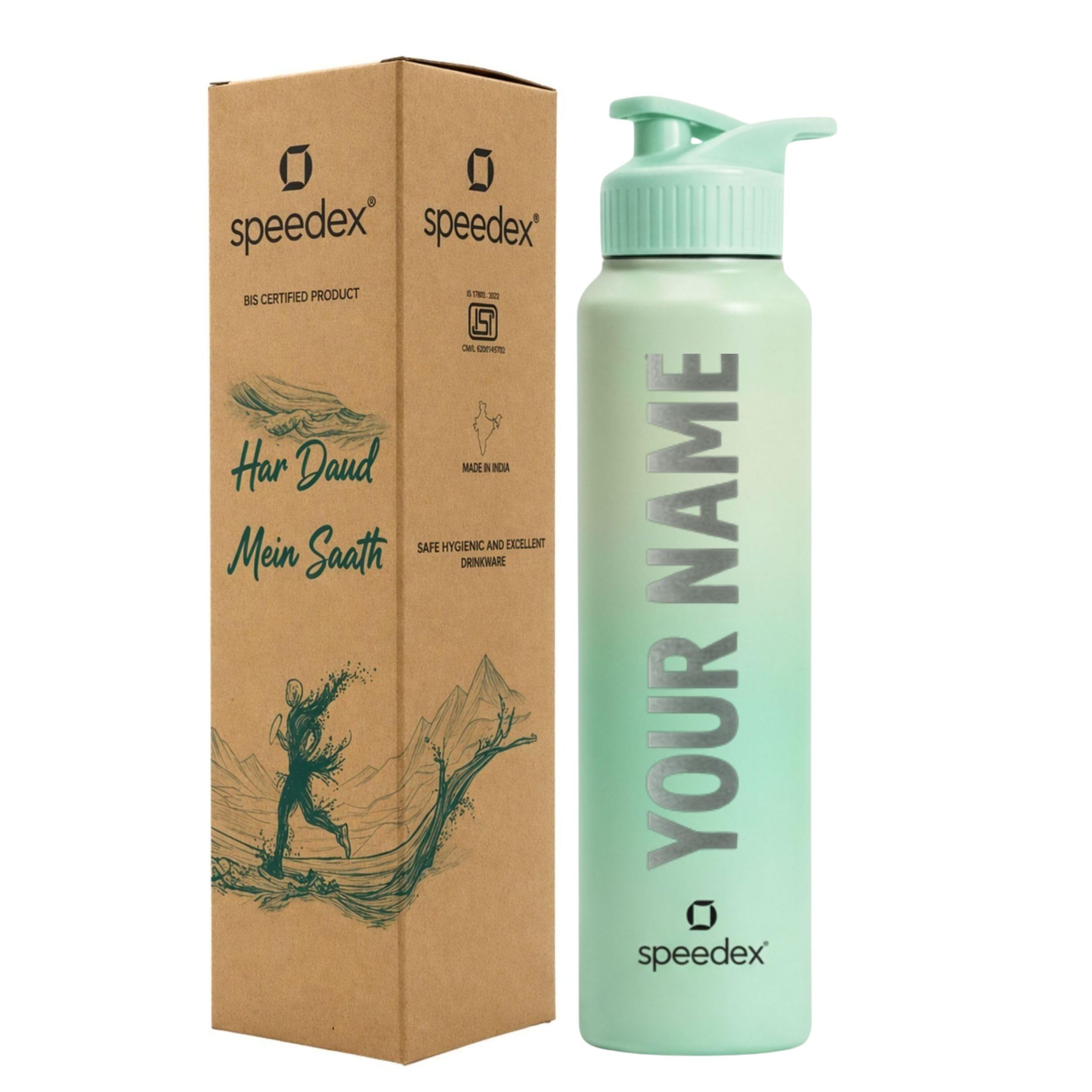 Speedex Customised Stainless Steel Water Bottle 1 Ltr with Name – Personalised Engraved Sipper Cap Bottle for Kids, Men & Women, School, Gym, Office Dual Green, Set of 1