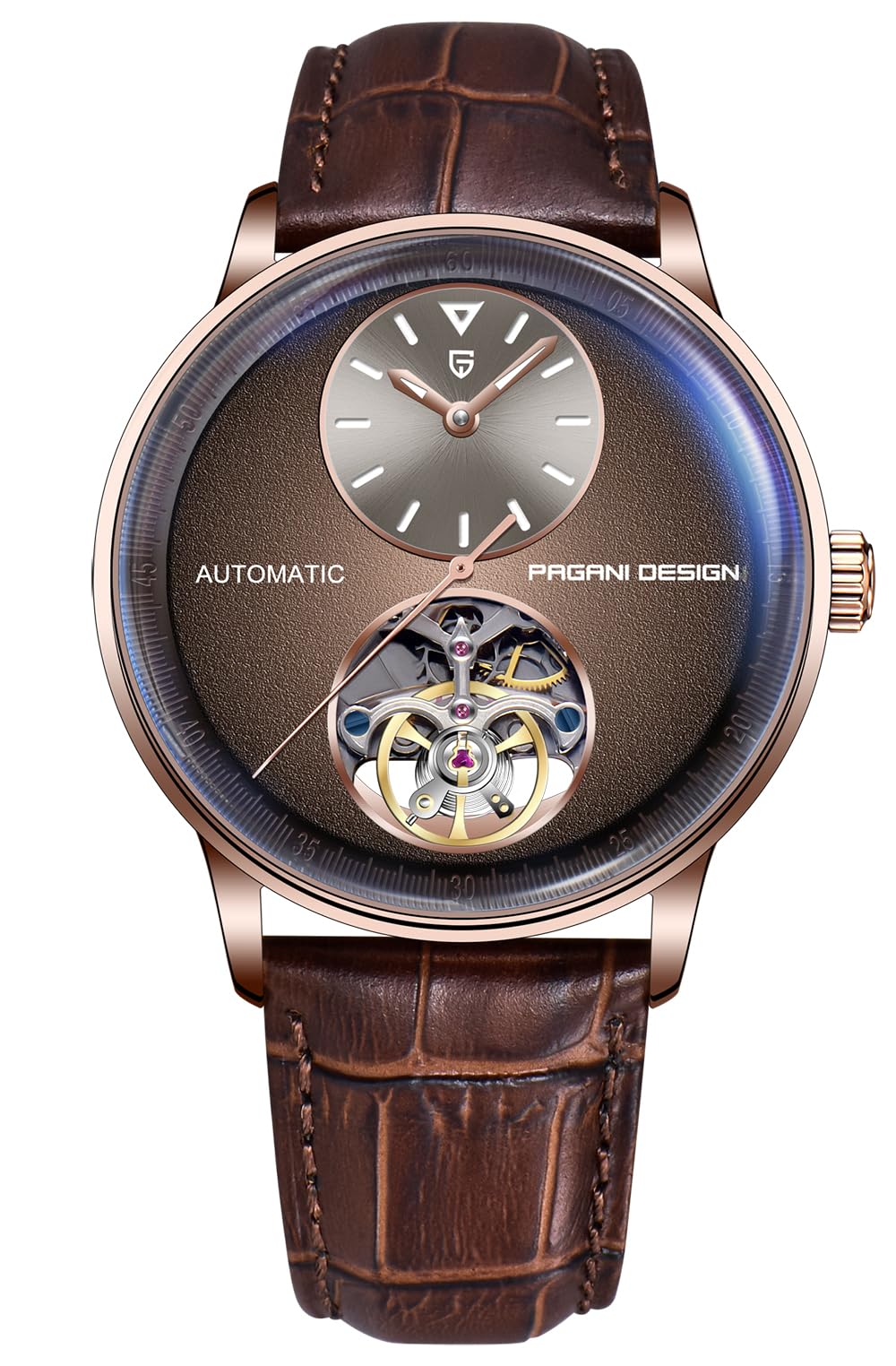 Orizontime Pagani Design Automatische mechanische Uhren für Herren, 42 mm Zifferblatt, Lederband, Silber, blau, Luxuriös