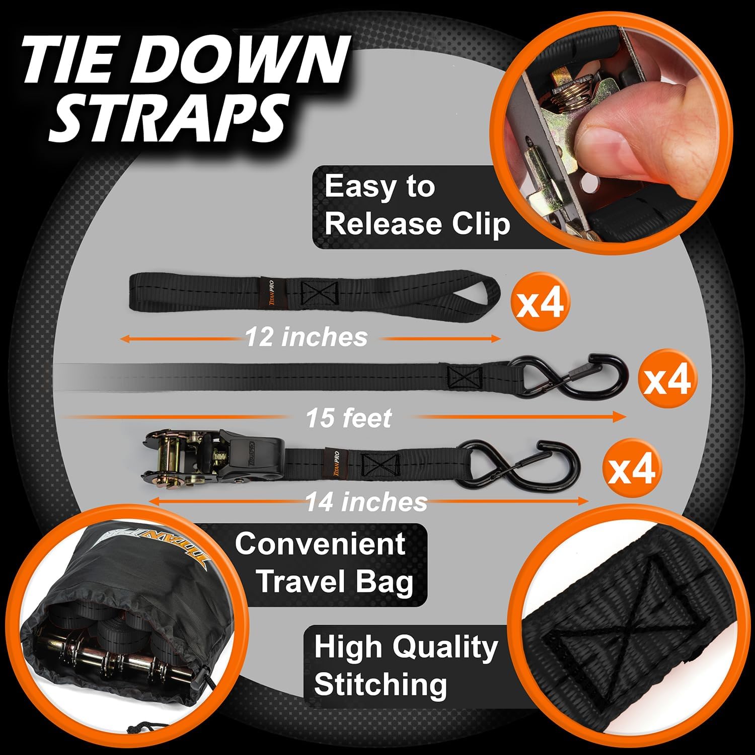 TitanPro Heavy Duty Ratchet Straps 4-Pack - 2,200lb Break Strength, 1" x 15' Rachet Tie Downs with Padded Handles - Heavy Duty, Truck, Motorcycle, Moving Straps (Black) - Image 3