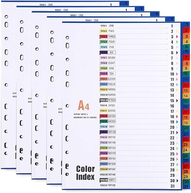 A4 Plastic File Dividers 31-Part Index 1-31 (5 Pack) A4 Subject Dividers with Reinforced 11-Holes & Content List, Multi-Colour Pre-Printed Number Dividers Index Tabs