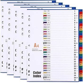 A4 Plastic File Dividers 31-Part Index 1-31 5 Pack A4 Subject Dividers with Reinforced 11-Holes & Content List, Multi-Colour Pre-Printed Number Dividers Index Tabs