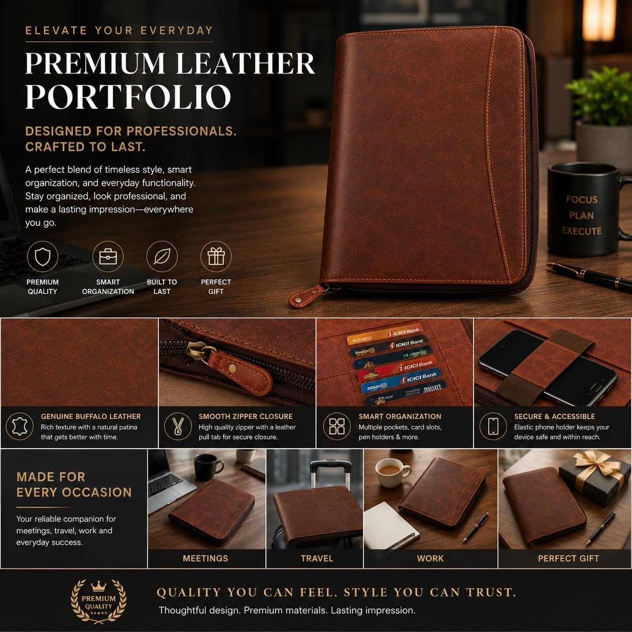 Leather Padfolio Portfolio Organizer with Zipper – Professional Leather Portfolio Binder Folder for Documents, Tablet & Resume – Business Padfolio for Men & Women with Card Slots & Pen Holder