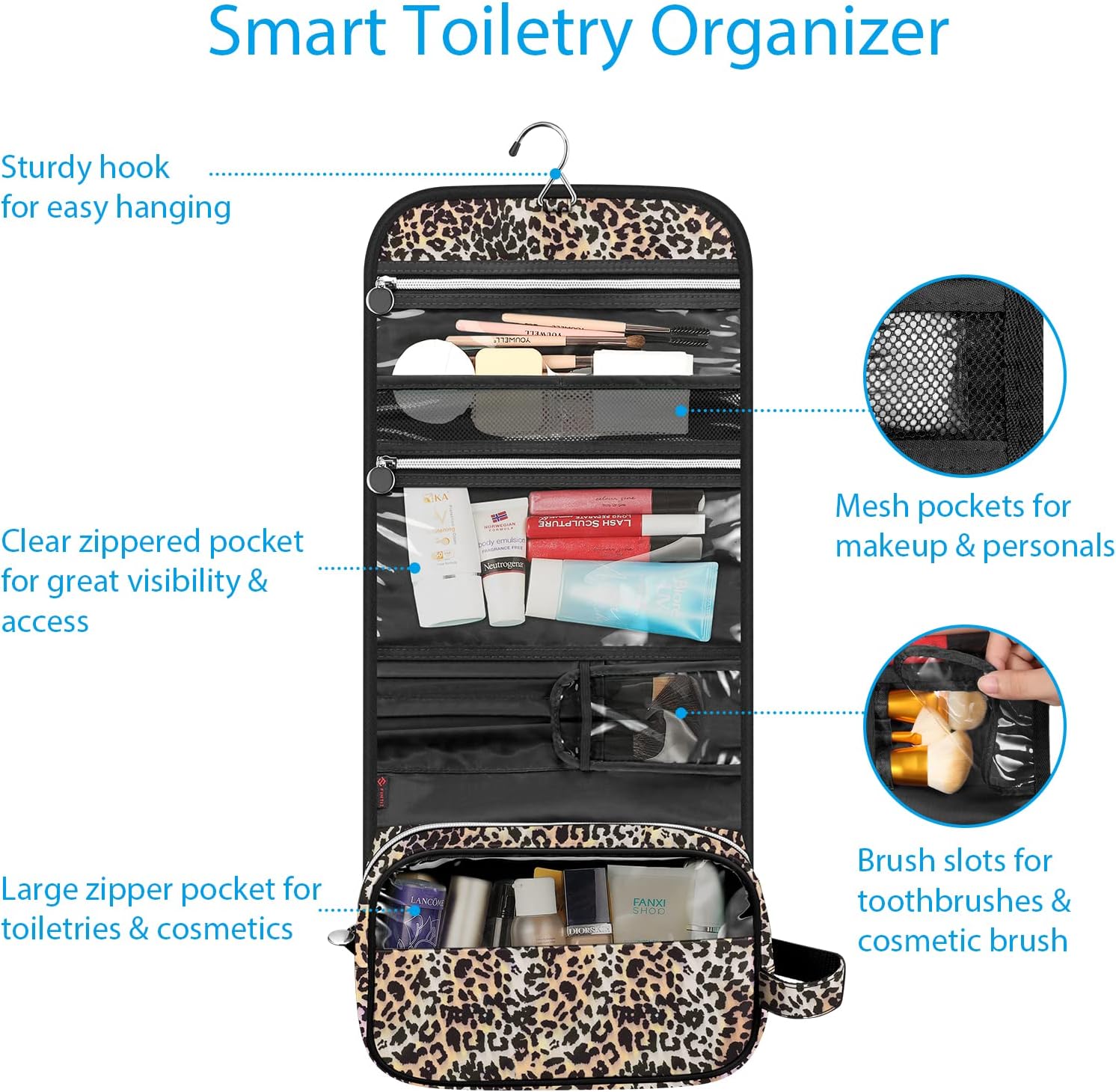 Fintie Portable Toiletry Cosmetic Travel Bag, Large Water Resistant Hanging Makeup Organizer Storage Pouch Case for Women Girls (Leopard) - Image 2