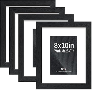 VCK 8x10 Picture Frame with Glass - 4 Pack, Display Pictures 5x7 with Mat or 8 x 10 without Mat - Wall and Tabletop, 8 by 10 Photo Black Wooden Frames