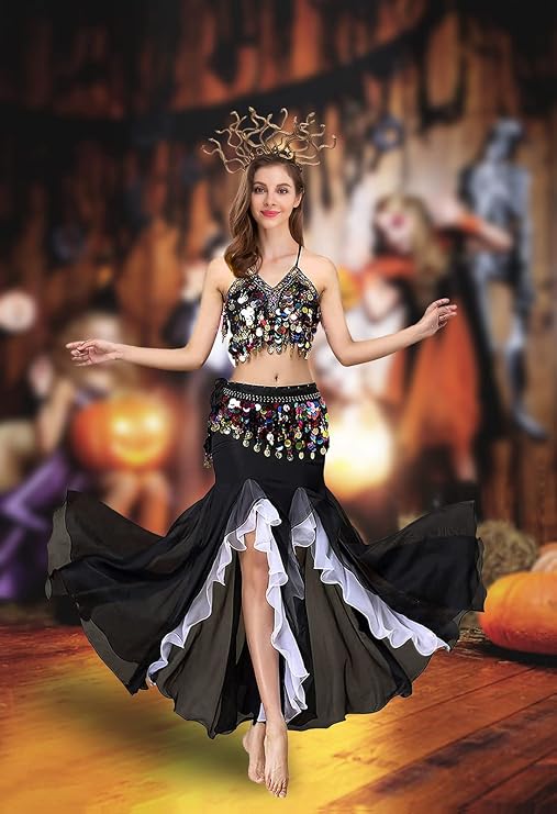 Belly Dance Costume Set for Women Belly Dance Crop Top Bra and Hip Scarf Slit Dance Skirt Halloween Outfit