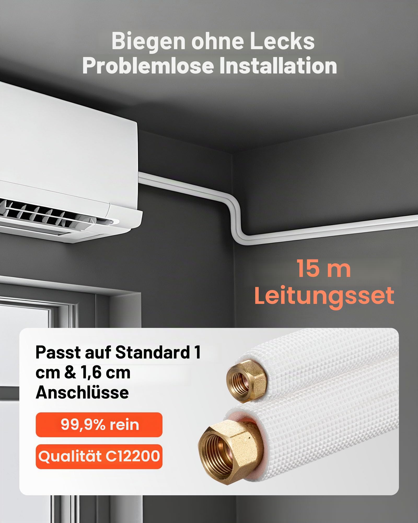 VEVOR Kältemittelleitung 15,24 m, Kupferleitung 9,5 & 15,9 mm Außendurchmesser, AC-Kupferrohr, PE-isolierte Spule mit Bördelmuttern, für Mini-Split-Klimaanlage, HVAC oder Wärmepumpensystem