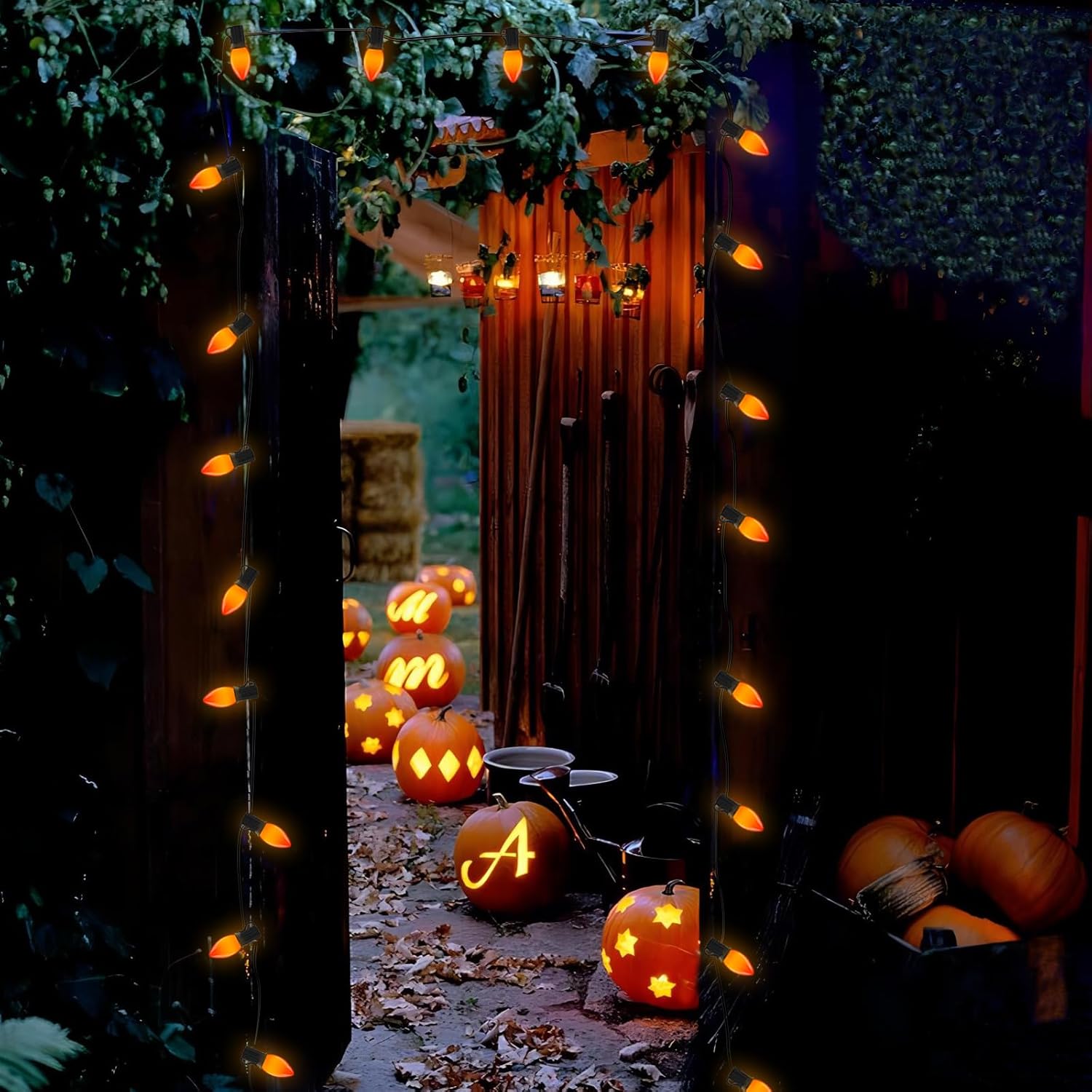 SUNSGNE C9 LED Halloween Orange String Lights 25FT Outdoor String Lights with 27 0.6W LED Plastic Bulbs(2 Spare) for Patio Garden Roofline Backyard Decorations, Black Wire