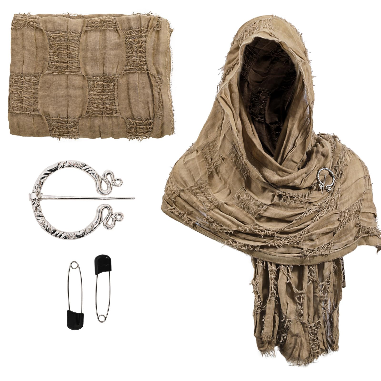 MHADBKH Post Apocalyptic Scarf Wrap Distressed Shawl with Brooch Pin Medieval Cosplay Headwear Historical Costume Accessories Medieval Cloak