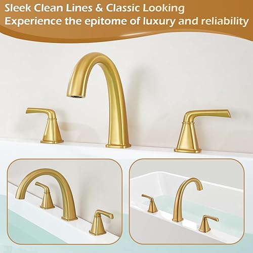 Miniatura 6 de Grifo de bañera de latón con cuello de cisne, grifo de bañera de baño de oro cepillado, montaje en cubierta, 3 agujeros, juego de grifos de bañera