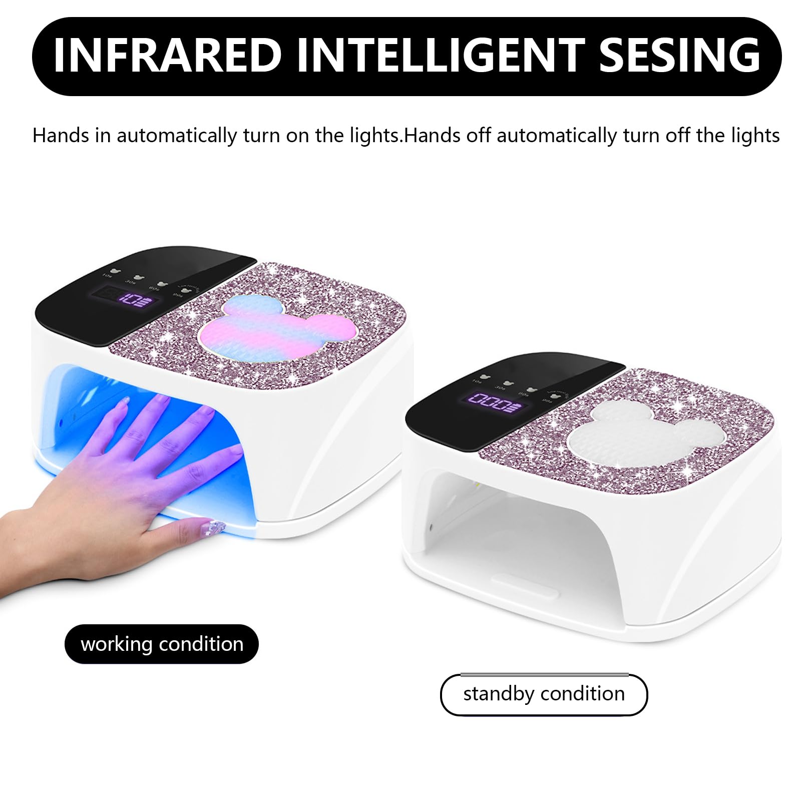 Lampara Uñas, Lampara UV LED Uñas con 36 Perlas de Lámpara Dispositivo de Fototerapia de Uñas con Diamantes de Imitación y Sensor Infrarrojo Lampara de Uñas con Base Extraíble para Casa y Salón