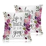 Swono Inspirational Quote Pack of 2 Decorative Throw Pillow Covers Cushion Covers, Life is Tough But So are You Couch Pillow Case Boho Cushion Pillowcase for Bedroom Sofa Living Room 18X18 Inch Rose