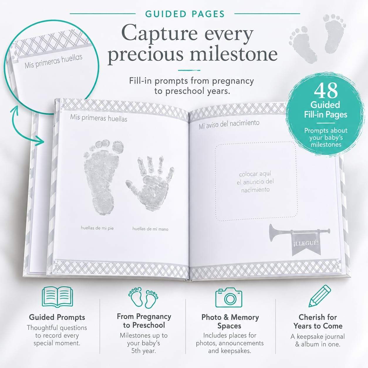 Kate & Milo Five Year Baby Memory Book in Spanish, Gender-Neutral Milestone Keepsake Journal and Photo Album for Boy or Girl, Gray Chevron