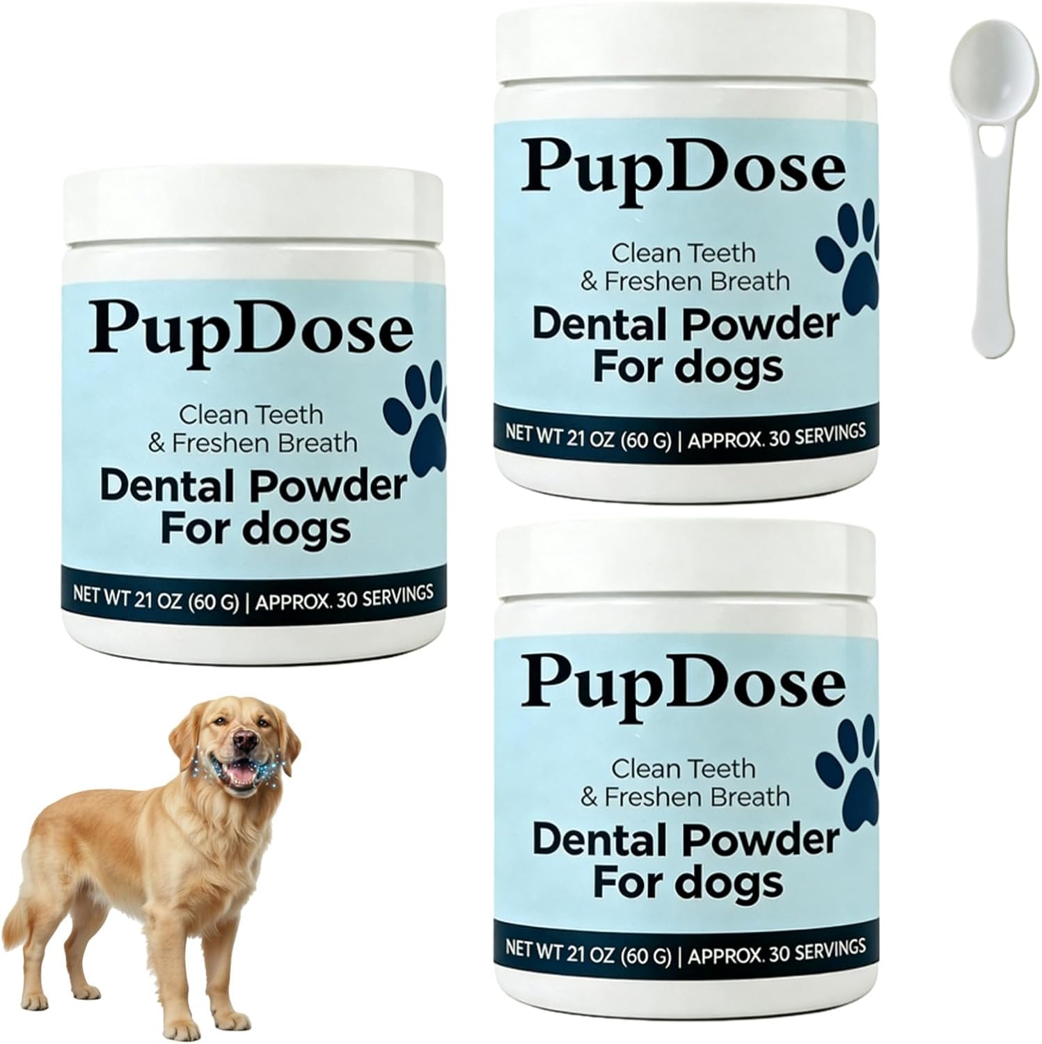 PupDose Dental Powder for Dogs, Teeth Cleaning & Tartar Removal, Fresh Breath Oral Care Supplement for Dogs, Gum Health Support, Easy Mix Food Dental Care for Small Medium Large Dogs (3 Pcs)
