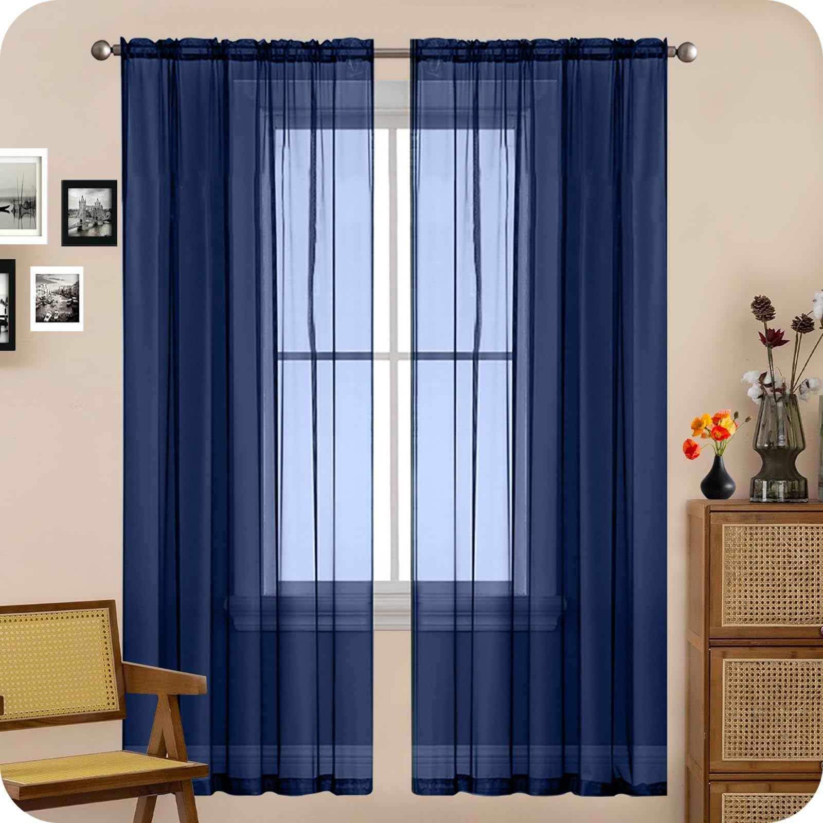 GAIFNAG Semi Sheer Curtains, White Sheer Curtains 190 x 200 cm Drop Eyelet, Lightweight, Thermal Insulated Linen Net Curtains for Windows for Apartment/Hotel Dorm, Navy Blue