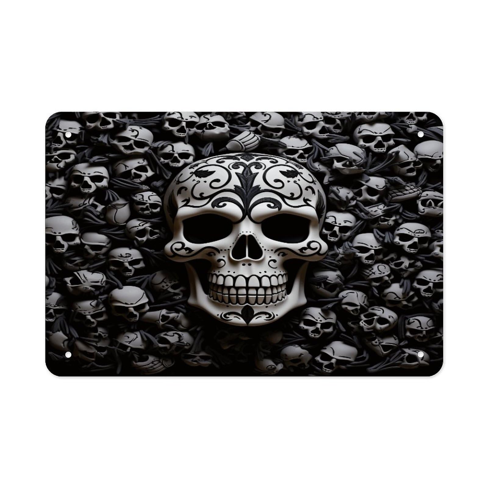 Black And White Skulls Metal Tin Sign 12"x8" Wall Art Prints Poster Decorative Picture Metal Signboard Decor Painting Folded Edge Iron Sheet Painting with Holes for Wall Decor