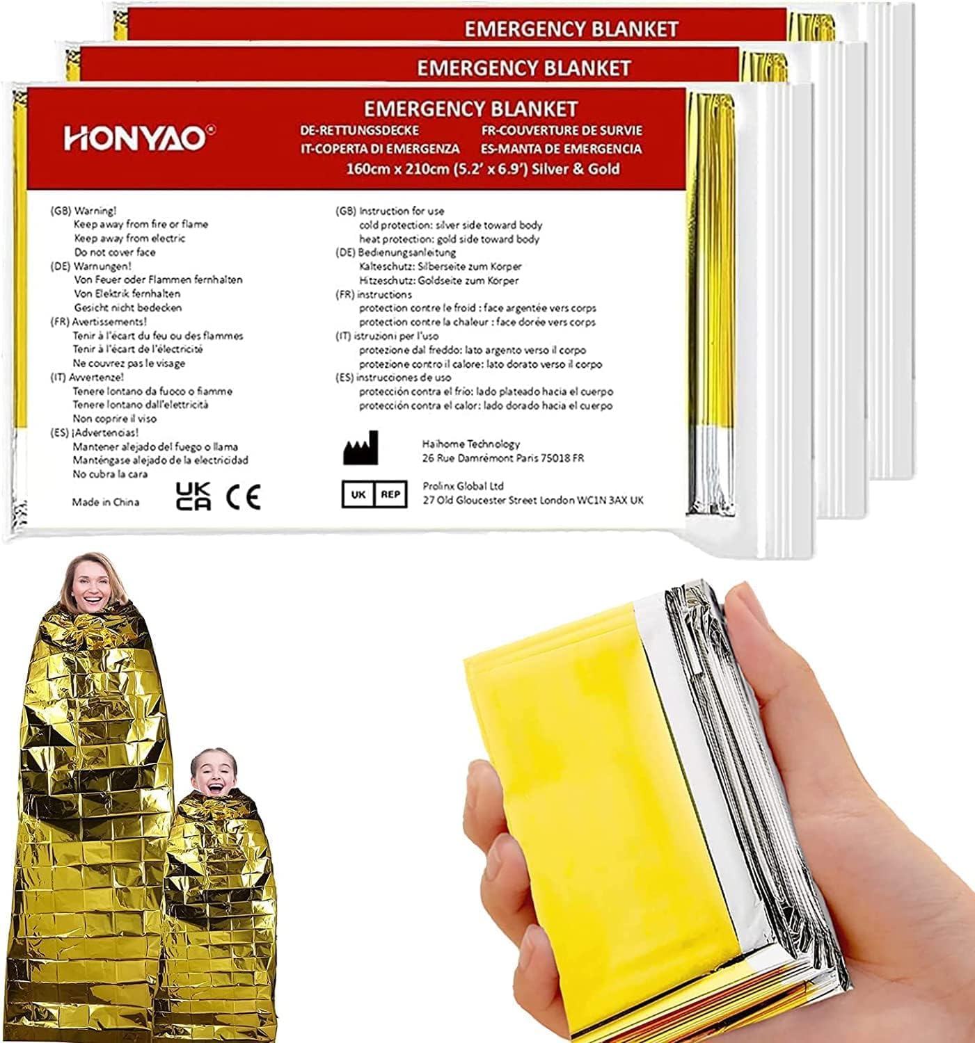 HONYAO Coperta Termica 3 Pezzi, 210×160cm, Coperta Termica Emergenza Oro Argento, CopertaTermica Sopravvivenza, per Salvataggio Protegge da Freddo, Pioggia, Calore e Vento, All'aperto