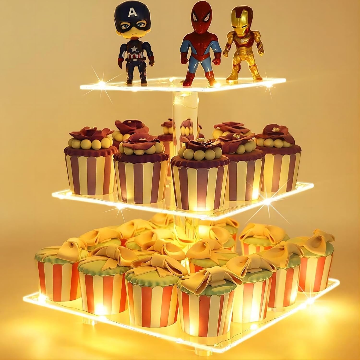 YFYCUSA 3 Tier Cupcake Stand, Advanced LED Light Acrylic Cupcake Holder (Yellow