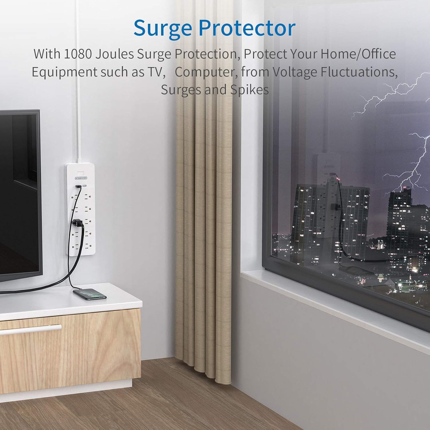 Featured Product Power Strip with Long Cord, NTONPOWER 15Ft Extension Cord Flat Plug Surge Protector with10 Outlets 2 USB, 1875W/15A Circuit Breaker Overload Protection, Wall Mountable for Home Office and Workbench