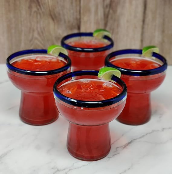 Dos Suenos Mexican Hand Blown Glass Set of 4 Hand Blown Stemless Blue Rim Margarita Glasses (14oz)