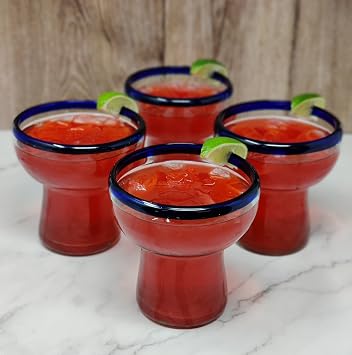 Dos Suenos Mexican Hand Blown Glass Set of 4 Hand Blown Stemless Blue Rim Margarita Glasses (14oz)