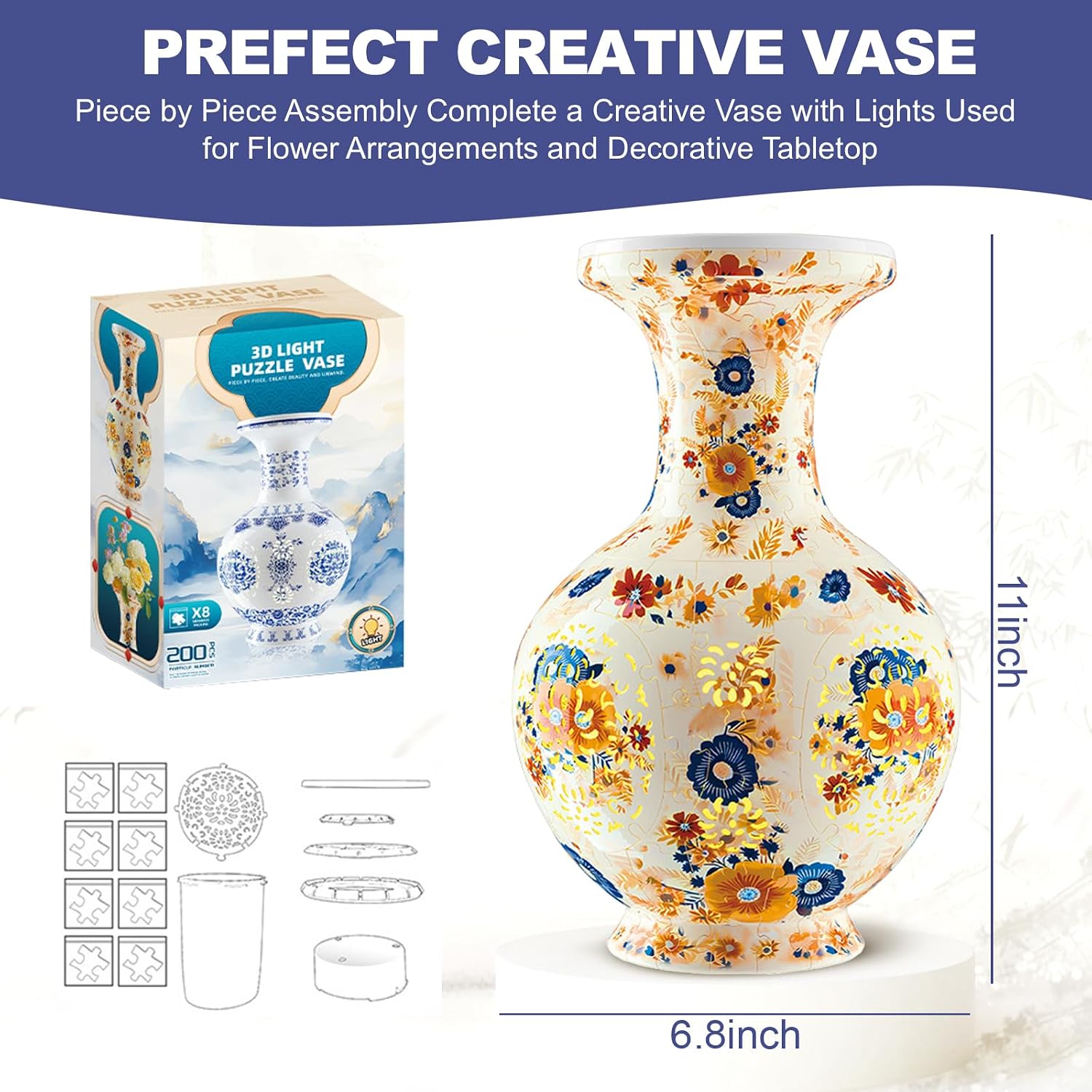 200PCS Puzzle Vase for Adults, 3D Vase Puzzles, for Flower Arrangement and Home Decoration (Yellow Flower)