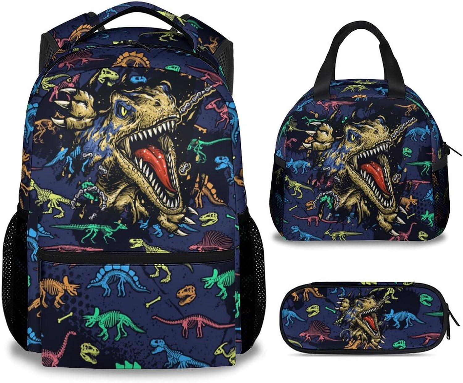 Boys Backpack with Lunch Box - 3 in 1 Cool Dinosaurs Bookbag for School, Travel - 17 Inch School Bag Set for Kids