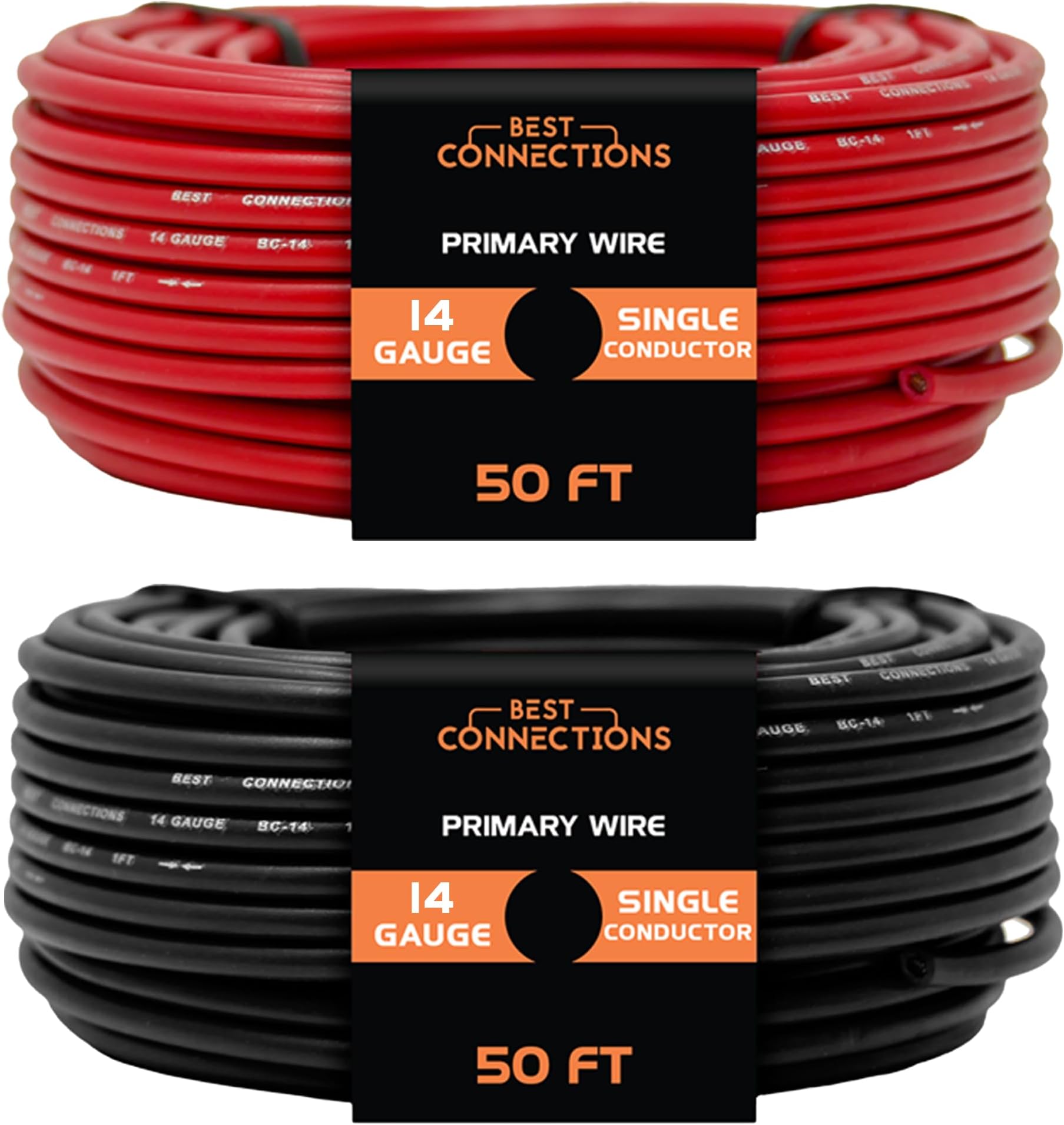 BEST CONNECTIONS 14-Gauge Automotive Primary Wire Bundle (50ft Each, Red & Black) | Ideal for Car Audio, Automotive, and Trailer | Durable Primary/Remote, Power/Ground Electrical Wiring