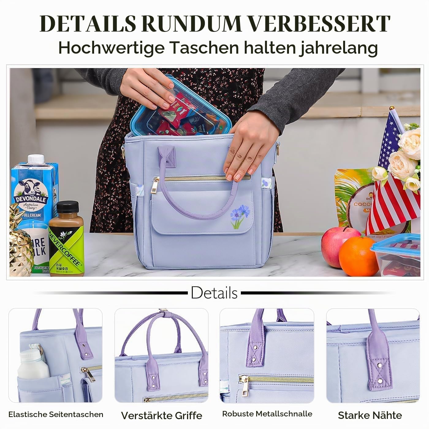 Hihealer Deluxe Lunch Tasche Damen mit Seltenem Blumenmuster - Große Auslaufsichere Isolierte Kühltasche mit Mehreren Taschen und Abnehmbarem Gurt für Arbeit/Picknick Weihnachtsgeschenke für Frauen