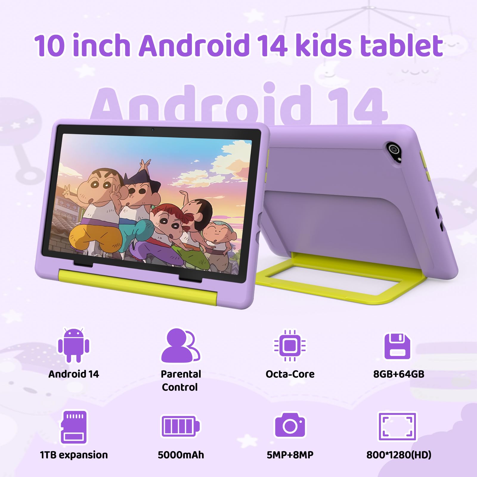 Tablet Bambini 10 Pollici Android 14 Display HD 1280x800 Batteria 5000mAh 8+64GB Espandibile a 1TB Doppia Fotocamera 5+8MP Custodia Protettiva + 3 Adesivi DIY (Viola)