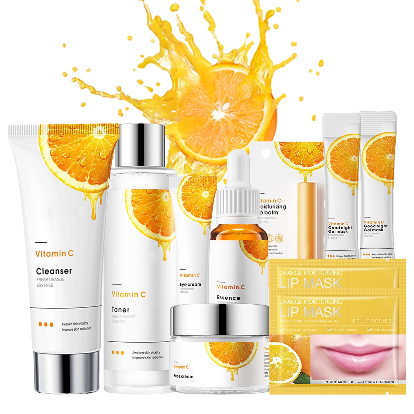 Skin Care for Teenage Girls Skincare Set - Vitamin C Skin Care Sets & Kits - Womens Gift Sets Includes Cleanser- Serum-Eye Serum-Toner-Cream-Lip Balm-Lip Mask-Sleeping Mask - VC Skincare Set (10PCS)