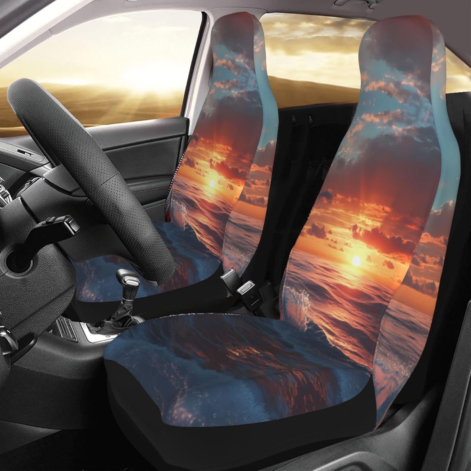 Universal Waves After Sunset Printed car seat Covers are Suitable for Most Seats in Trucks, Vans, and Other Similar Vehicles.