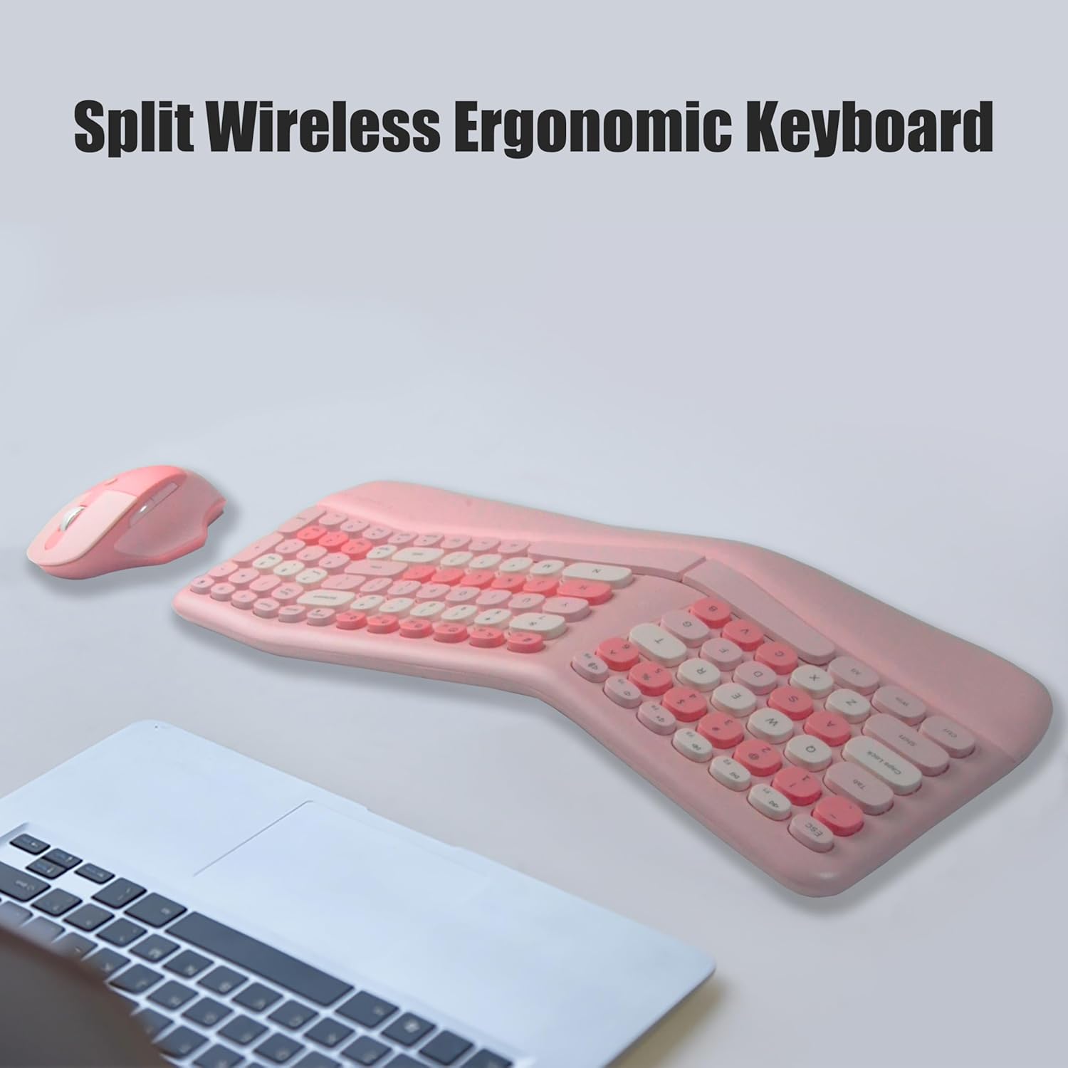 Wireless Ergonomic Keyboard and Mouse Combo with PU Wrist Rest, Carpal Tunnel Keyboard, 2.4G Colorful Split Ergo Keyboard, Comfortable Natural Typing, Compatible with PC/Laptop (Pink) - Image 3