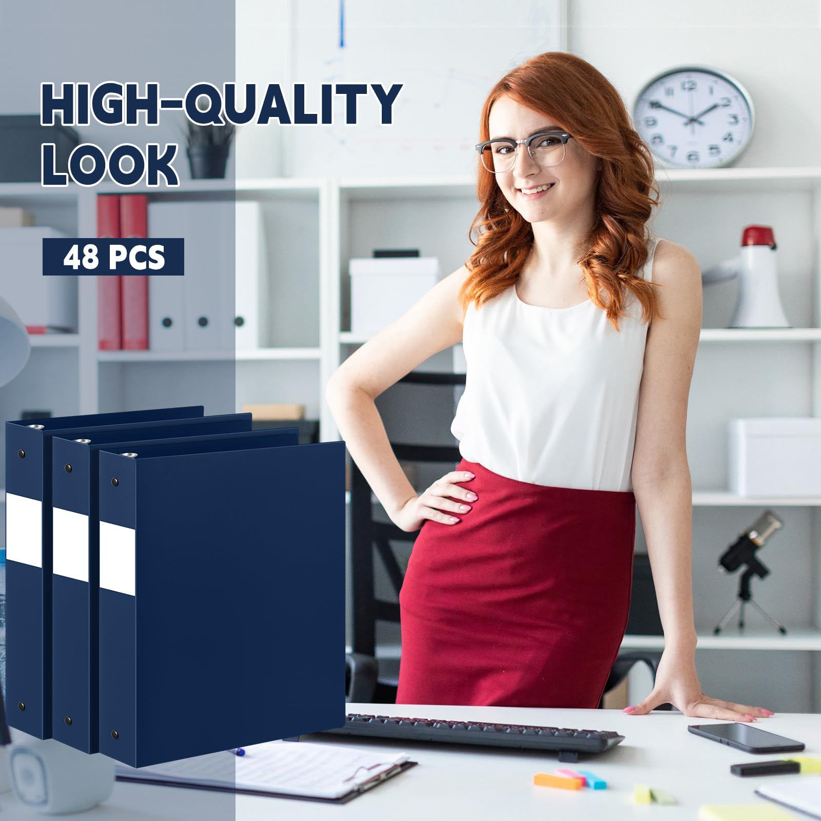 Henoyso 48 raccoglitori a 3 anelli da 3,8 cm, in plastica flessibile, rotondi, adatti per lettere da 21 x 28 cm, contiene 300 fogli con 1 tasca, per ufficio e scuola (blu navy)