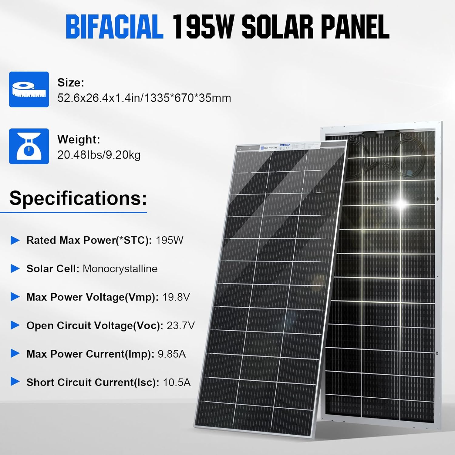 Bifacial 195W solar panel specifications and dimensions