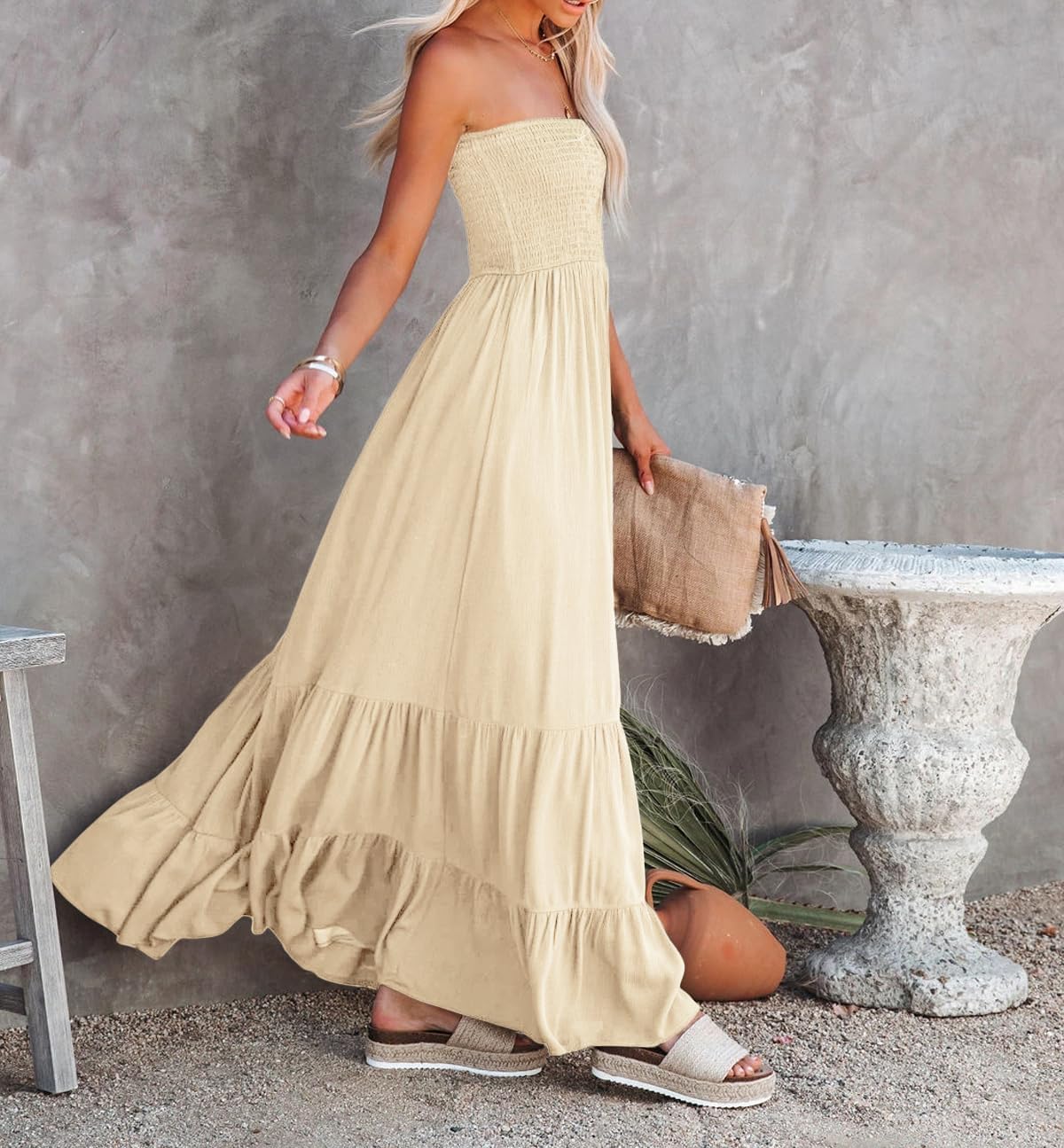 R.Vivimos Womens Summer Cotton Strapless Elastic Smocked Boho Beach Casual Flowy Maxi Tube Dresses - Image 5