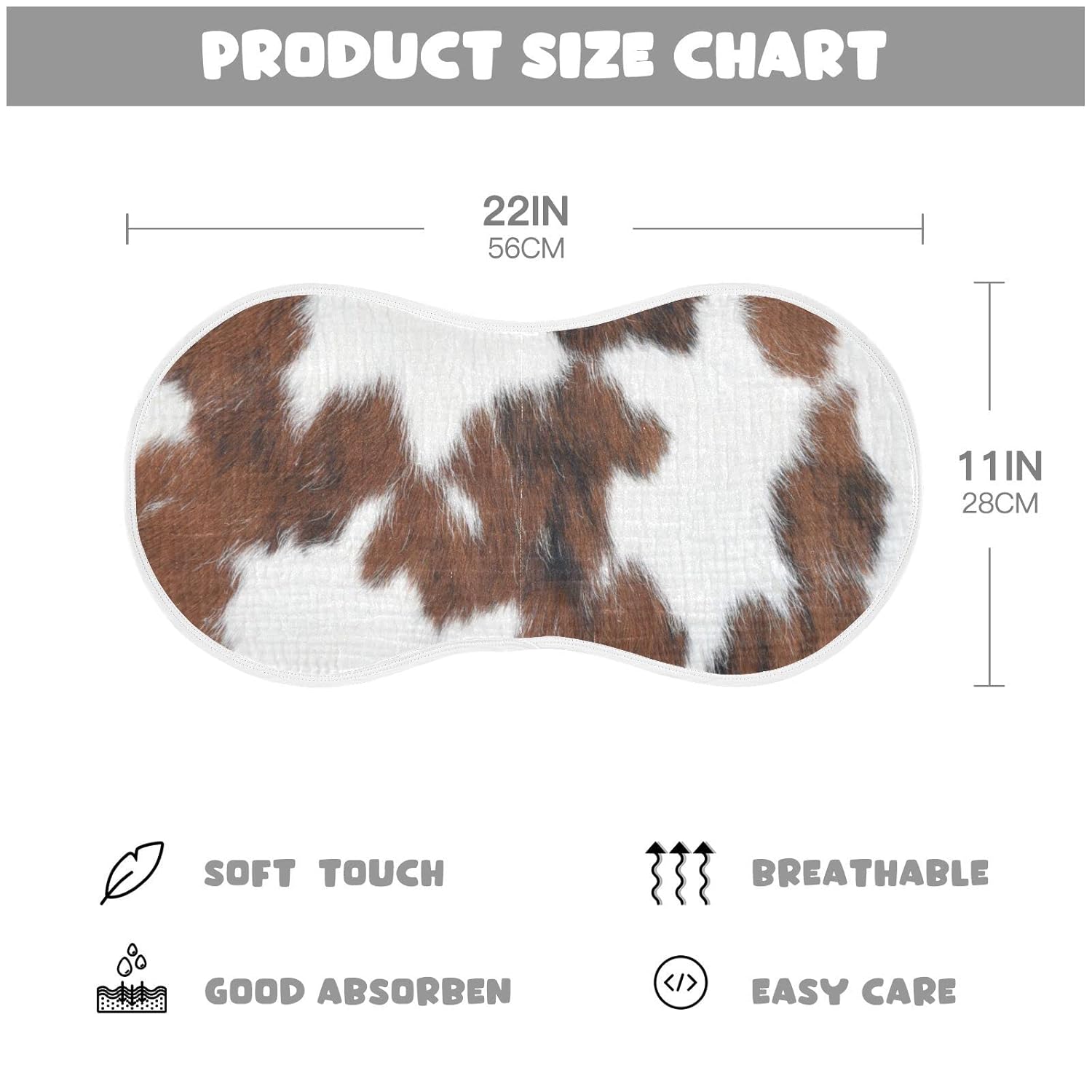 Muslin Baby Burp Cloths Set of 4, Soft Absorbent White Brown Print Cow Muslin Washcloths, Bibs, Face Towel for Newborn Boys Girls, 22 x 11 Inch