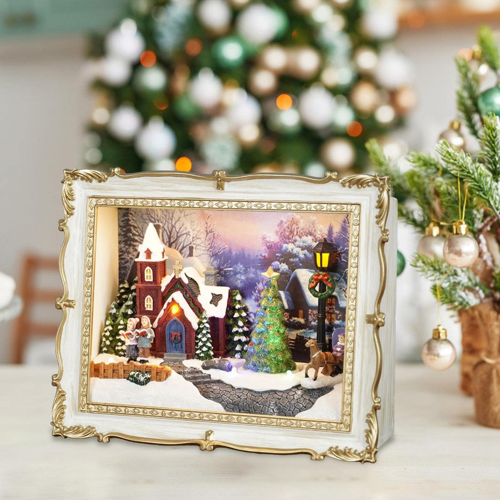 Decorazione Natalizia a Forma di Casa di Paese, Albero di Natale Rotante, Villaggio Invernale Innevato, Edifici, Statuetta in Resina, Set di Città di
