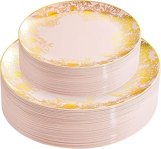 LIYH 60 Pcs Pink and Gold Plastic Plates - Disposable Pink Party Plates, Dessert & Dinner Plate, Baby Shower Bridal Shower Floral Fairy Plate for Birthday Tea Party
