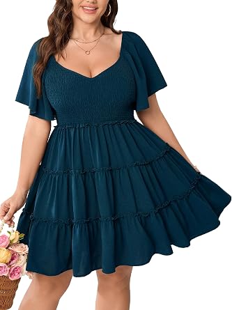 SHESTARR Womens Plus Size Casual Mini Dress Sweetheart Neckline Short Flutter Sleeve Smocked A Line Tiered Ruffle Dresses