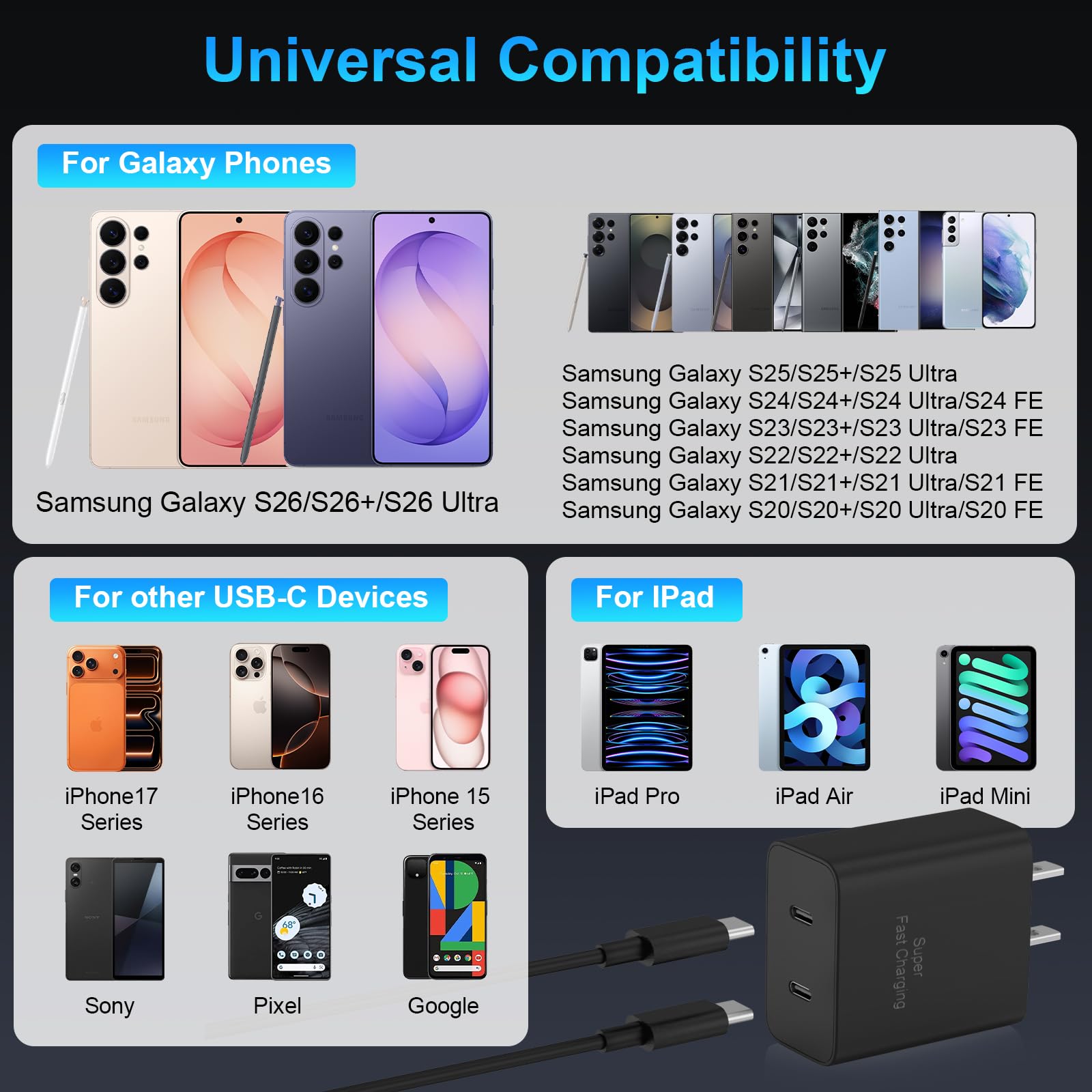 Paquete de 2 cargadores súper rápidos USB C de doble puerto para teléfono Android tipo C, bloque de carga rápida con cable de carga tipo C de 10 pies para Samsung Galaxy S25/S25 Ultra/S25+/S24 Ultra