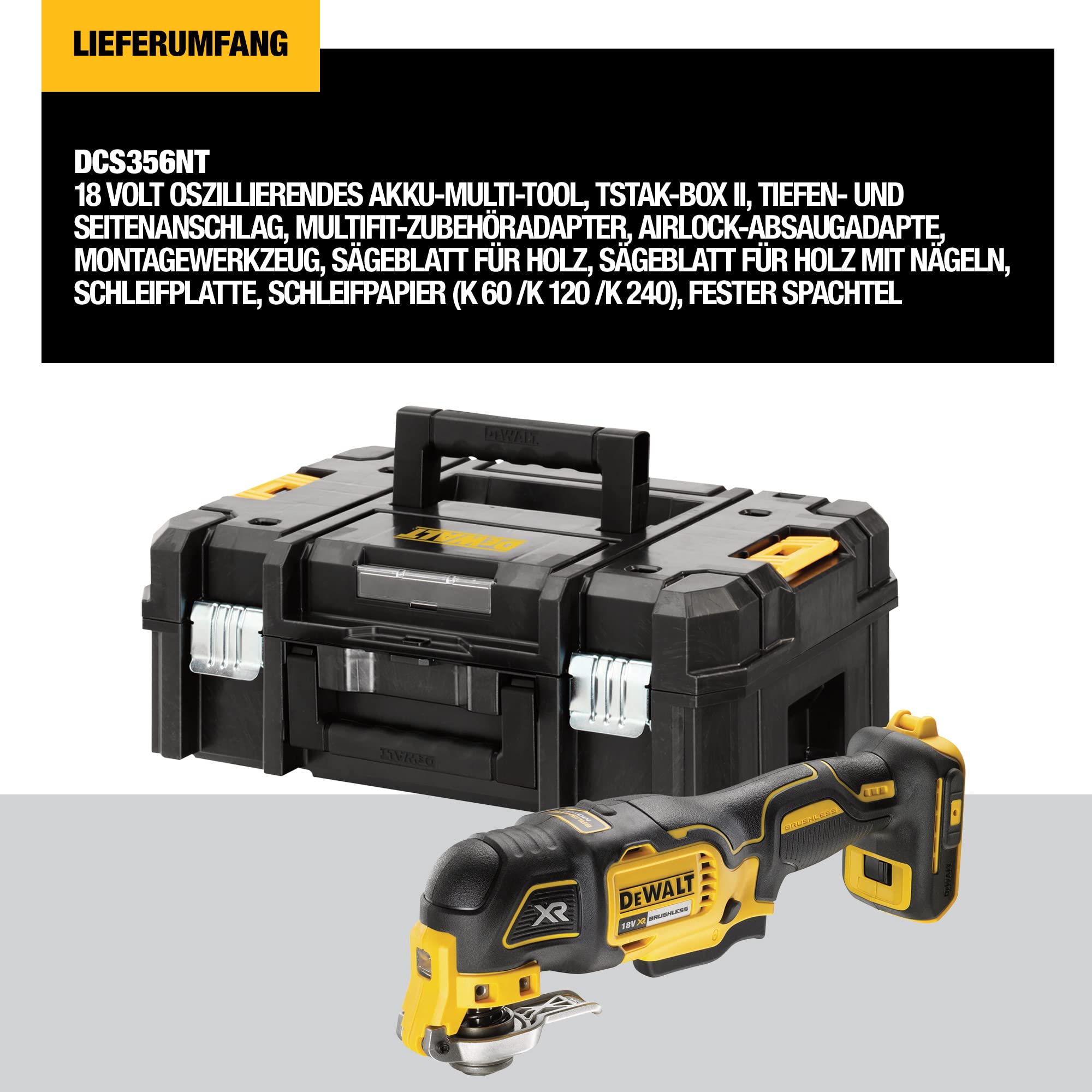 DEWALT 18V Akku Multi Tool DCS356NT Bürstenlos LED Licht Tstak Box II Schwarz Gelb