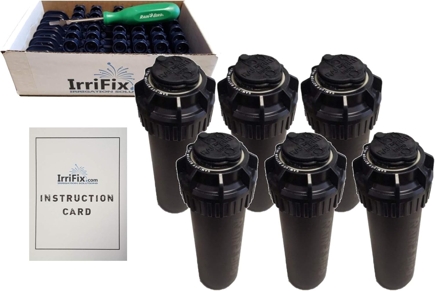 Rain Bird 5000 Series Seal-A-Matic Sprinkler Heads Bundle - 6 Pack 5004PCSAM SAM Rotors with IrriFix Nozzle Box Including 6 Nozzle Trees, 1 Rotortool Screwdriver, and IrriFix Instruction Sheet
